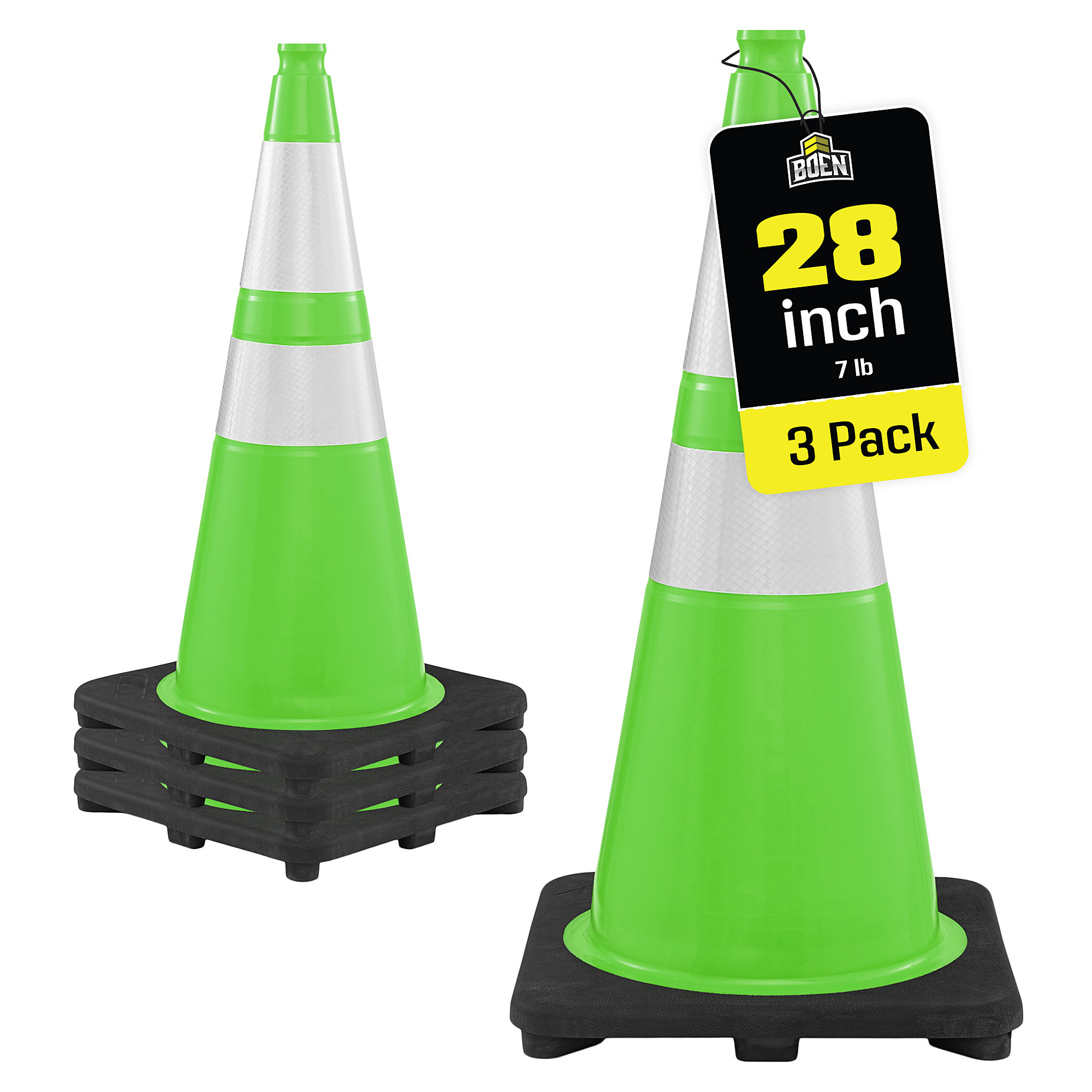 Boen 28 in, Lime Green Traffic Cones, 3-Pack, Traffic Cones with 2 Reflective Collars & 7 lb, Base for Road Work, Parking & Traffic Control